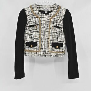 Cache Cropped‎ Tweed Jacket Womens Size 2 Black White Wool Preppy Gold Old Money